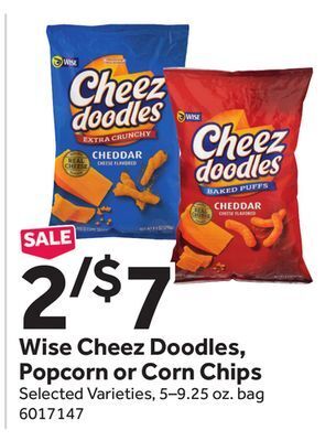 Stop&Shop Wise cheez doodles, popcorn or corn chips offer