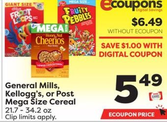 Weis Markets General mills, kellogg's, or post mega size cereal offer