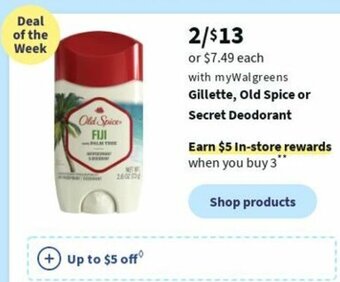 Walgreens Gillette, Old Spice or Secret Deodorant offer