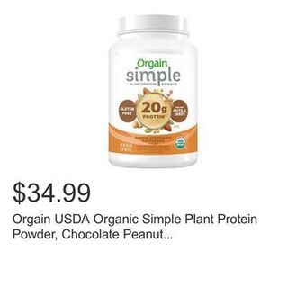 Costco Orgain usda organic simple plant protein powder, chocolate peanut butter cup, 32.6 oz offer