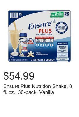 Costco Ensure plus nutrition shake, 8 fl. oz., 30-pack, vanilla offer