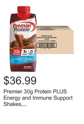 Costco Premier 30g protein plus energy and immune support shakes, chocolate, 11 fl oz, 18-pack offer