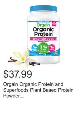 Costco Orgain organic protein and superfoods plant based protein powder, vanilla bean, 2.7 lbs offer