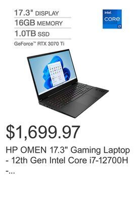 Costco Hp omen 17.3 gaming laptop - 12th gen intel core i7-12700h - geforce rtx 3070 ti - (2560 x 1440) 165hz - windows 11 offer