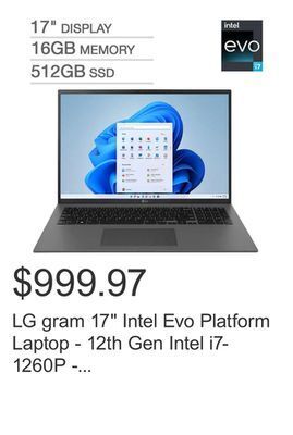 Costco Lg gram 17 intel evo platform laptop - 12th gen intel i7-1260p - 2560 x 1600 display - windows 11 offer