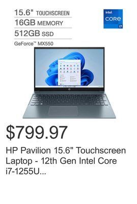 Costco Hp pavilion 15.6 touchscreen laptop - 12th gen intel core i7-1255u - geforce mx550 - 1080p - windows 11 - blue offer