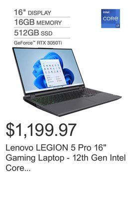 Costco Lenovo legion 5 pro 16 gaming laptop - 12th gen intel core i7-12700h - geforce rtx 3050ti - 165hz 2560 x 1600 display - windo offer