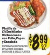La Michoacana Platillo de (3) Enchiladas Michoacanas con Pollo, Papas y Ensalada offer