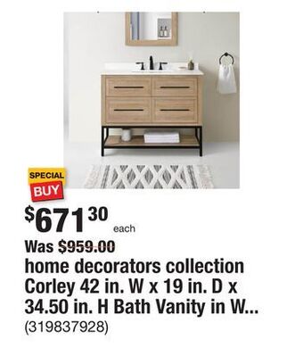 The Home Depot Home decorators collection corley 42 in. w x 19 in. d x 34.50 in. h bath vanity in weathered tan with white engineered stone offer