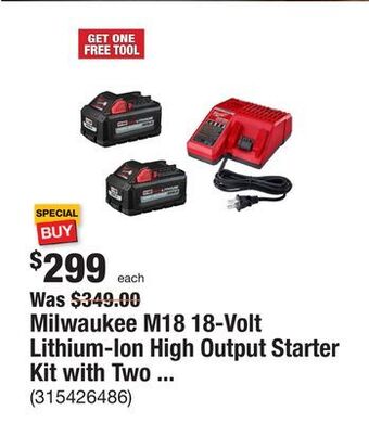 The Home Depot Milwaukee m18 18-volt lithium-ion high output starter kit with two 6.0 ah battery and charger offer