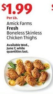 Aldi Amick Farms Fresh Boneless Skinless Chicken Thighs offer