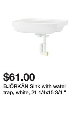 Ikea Björkån sink with water trap, white, 21 1/4x15 3/4 offer