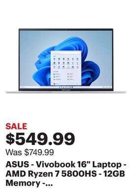 Best Buy Asus - vivobook 16 laptop - amd ryzen 7 5800hs - 12gb memory - 512gb ssd - quiet blue offer