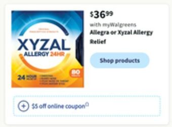 Walgreens Allegra or xyzal allergy relief offer
