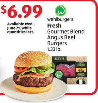 Aldi Wahlburgers fresh gourmet blend angus beef burgers offer