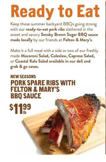New Seasons Market New Seasons Pork Spare Ribs With Felton & Mary's BBQ Sauce offer