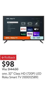 Walmart Onn. 32 class hd (720p) led roku smart tv (100012589) offer