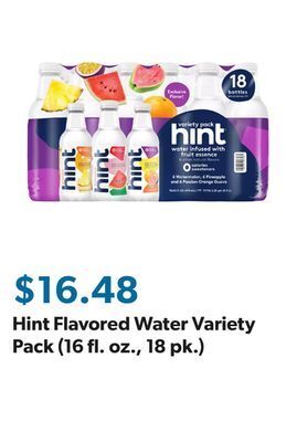 Sam's Club Hint flavored water variety pack (16 fl. oz., 18 pk.) offer