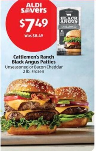 Aldi Cattlemen's Ranch Black Angus Patties Unseasoned or Bacon Cheddar 2 lb. Frozen offer