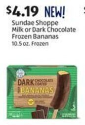 Aldi Sundae Shoppe Milk or Dark Chocolate Frozen Bananas 10.5 oz. Frozen offer
