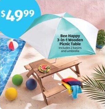 Aldi Bee Happy 3-in-1 Wooden Picnic Table Includes 2 basins and umbrella offer