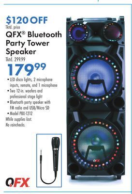 Boscov's Qfx® bluetooth party tower speaker offer