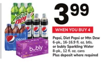 ACME Pepsi, diet pepsi or mtn dew 6-pk., 16-16.9 fl. oz. btls. or bubly sparkling water 8-pk., 12 fl. oz. cans offer