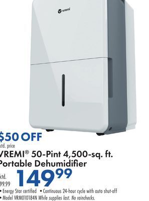 Boscov's Vremi® 50-pint 4, 500-sq. ft. portable dehumidifi offer