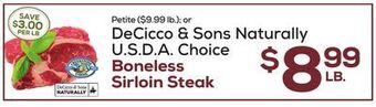 DeCicco & Sons Decicco & sons naturally u.s d. a. choice boneless sirloin steak offer