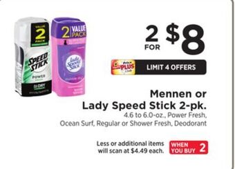 ShopRite Mennen or lady speed stick 2-pk offer