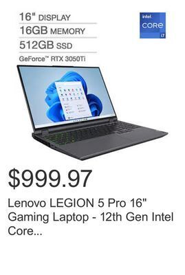Costco Lenovo legion 5 pro 16 gaming laptop - 12th gen intel core i7-12700h - geforce rtx 3050ti - 165hz 2560 x 1600 display - windo offer