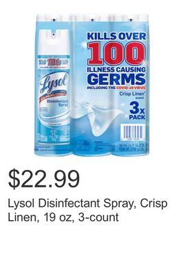 Costco Lysol disinfectant spray, crisp linen, 19 oz, 3-count offer