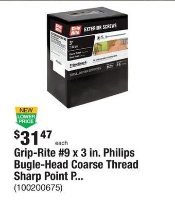 The Home Depot Grip-rite #9 x 3 in. philips bugle-head coarse thread sharp point polymer coated exterior screw (5 lbs.-pack) offer