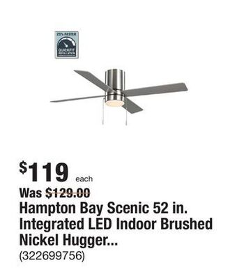 The Home Depot Hampton bay scenic 52 in. integrated led indoor brushed nickel hugger ceiling fan with reversible motor & reversible blades i offer
