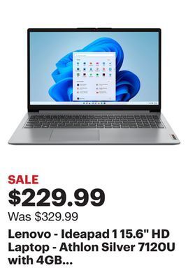 Best Buy Lenovo - ideapad 1 15.6 hd laptop - athlon silver 7120u with 4gb memory - 128gb ssd - cloud grey offer