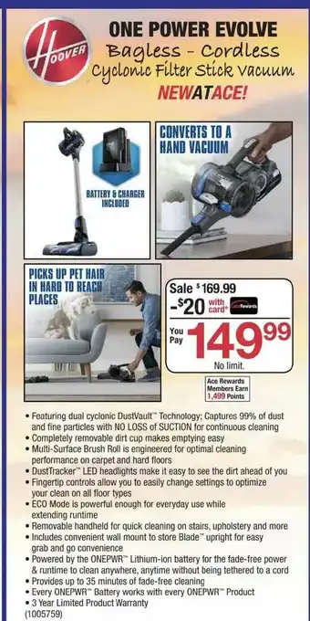 Ace Hardware One Power Evolve Bagless - Cordless Cyclonic Filter Stick Vacuum offer
