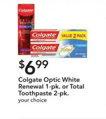Publix Colgate Optic White Renewal 1-Pk Or Total Toothpaste 2-Pk offer