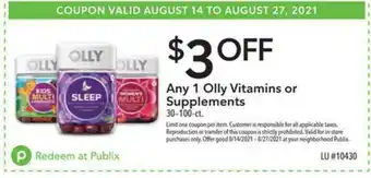 Publix Any 1 Olly Vitamins Or Supplements offer