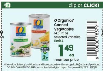 Safeway O Organics Canned Vegetables offer