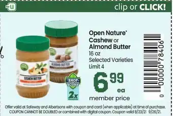 Safeway Open Nature Cashew Or Almond Butter offer