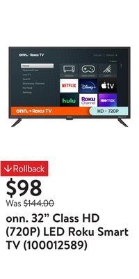 Walmart Onn. 32 class hd (720p) led roku smart tv (100012589) offer