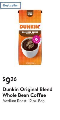 Walmart Dunkin original blend whole bean coffee offer