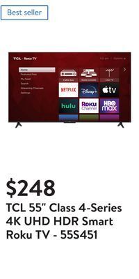 Walmart Tcl 55 class 4-series 4k uhd hdr smart roku tv - 55s451 offer