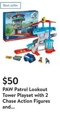 Walmart Paw patrol lookout tower playset with 2 chase action figures and police cruiser offer
