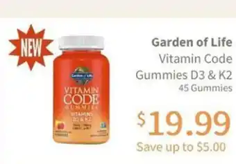 Garden of Life Vitamin Code Gummies D3 & K2 45 Gummies