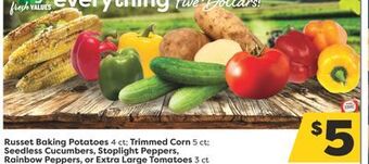 Weis Markets Russet baking potatoes 4 ct trimmed corn 5 ct seedless cucumbers, stoplight peppers, rainbow peppers, or extra large tomatoes offer