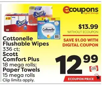Weis Markets Cottonelle flushable wipes 336 ct scott comfort plus 18 mega rolls paper towels 15 mega rolls offer