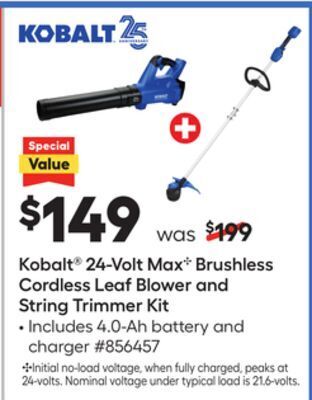 Lowe's Kobalt® 24-volt max c brushless cordless leaf blower and string trimmer kit offer