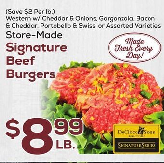 DeCicco & Sons Signature beef burgers offer