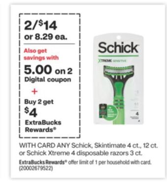 CVS Any schick, skintimate 4 ct., 12 ct. or schick xtreme 4 disposable razors 3 ct. offer